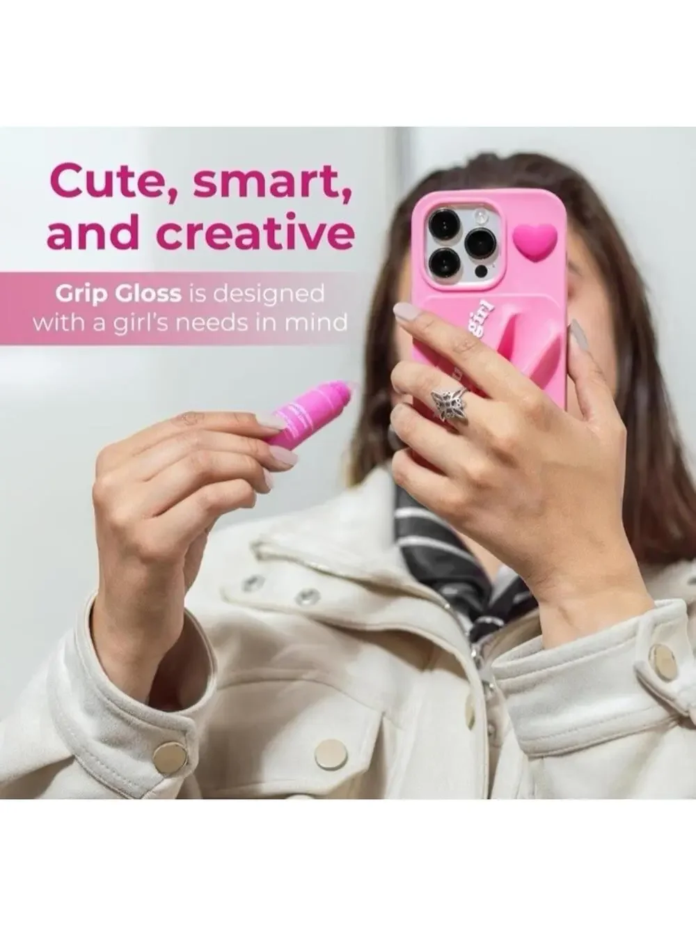 GIRL MATH Grip Gloss Phone Case iPhone 15 Pro Pink Silicone Lip Gloss Holder NEW